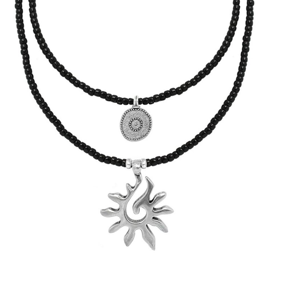 Schmuck Set’s - Ketten Schmuck Set mit Anhänger Sonne schwarze Glasperlen - Silber - K15+K16 - schwarz - silber - Beau Soleil Jewelry